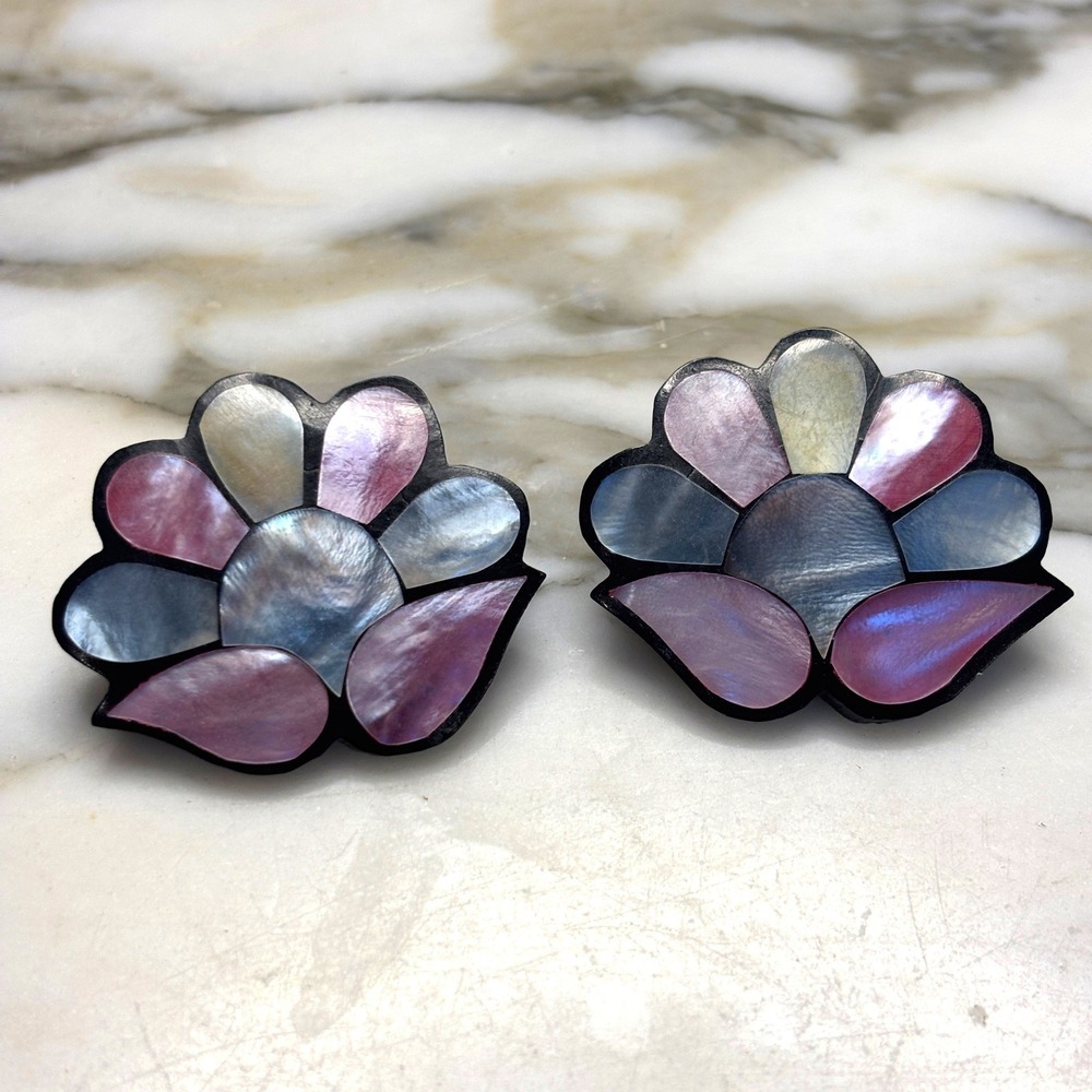 Vintage Mother of Pearl Mosaic Floral Stud Earrings Large